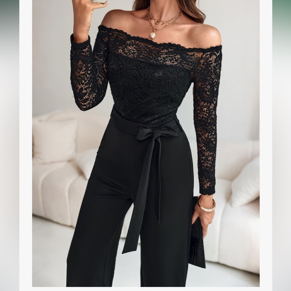 SHEIN Black Lace Off-Shoulder Jumpsuit